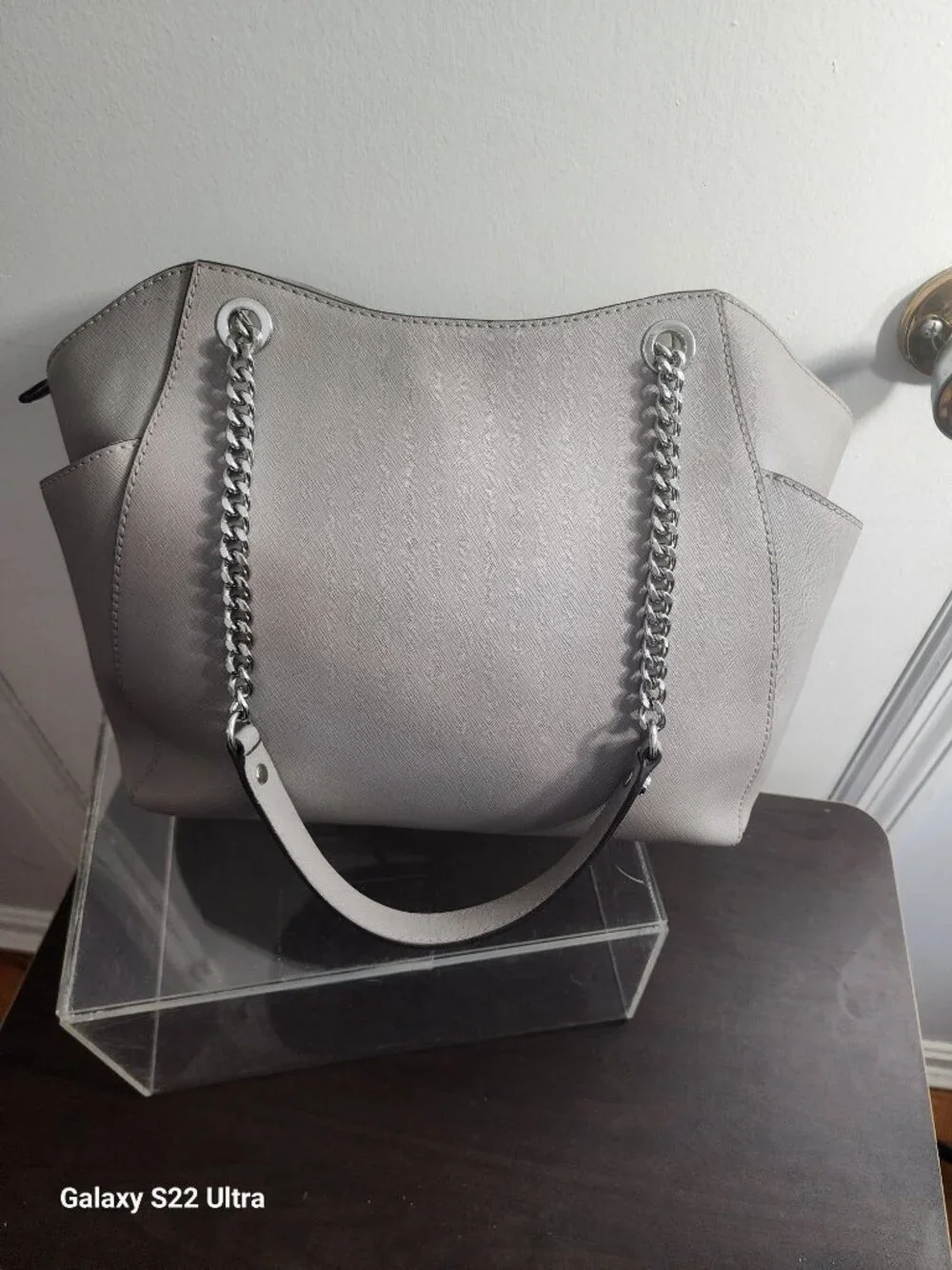 Michael Kors Gray Saffiano Leather Tote Bag With Chain/Leather Strap & Logo Acce